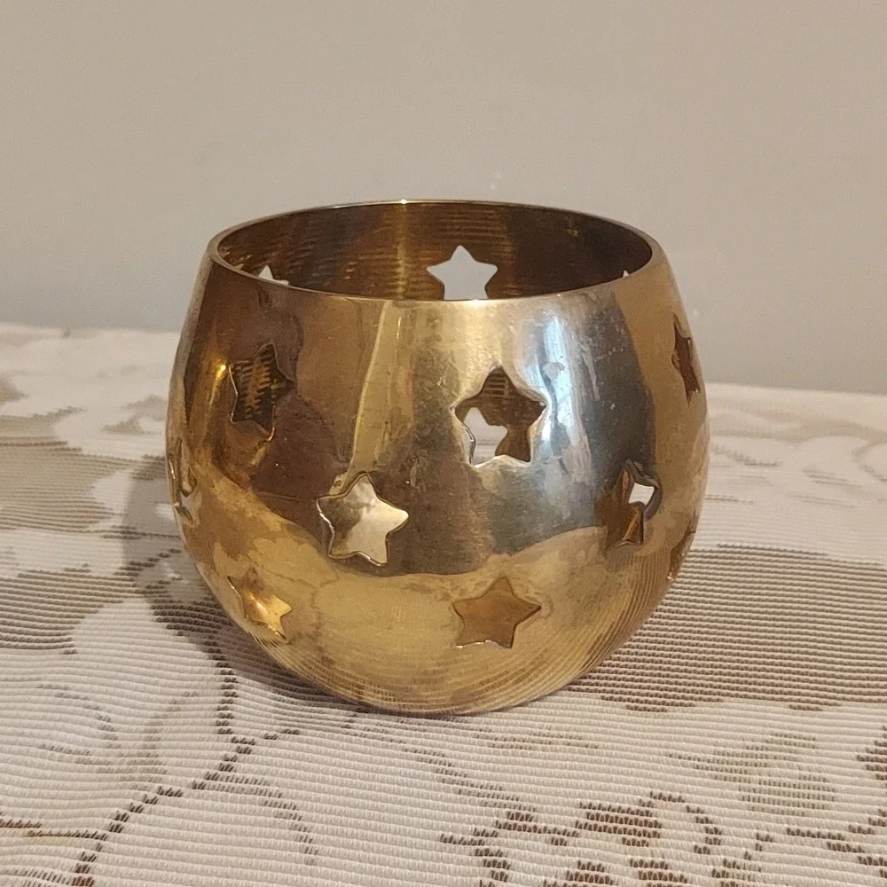 Vintage Brass Star Cutout Votive Candle Holder Gold Celestial India
